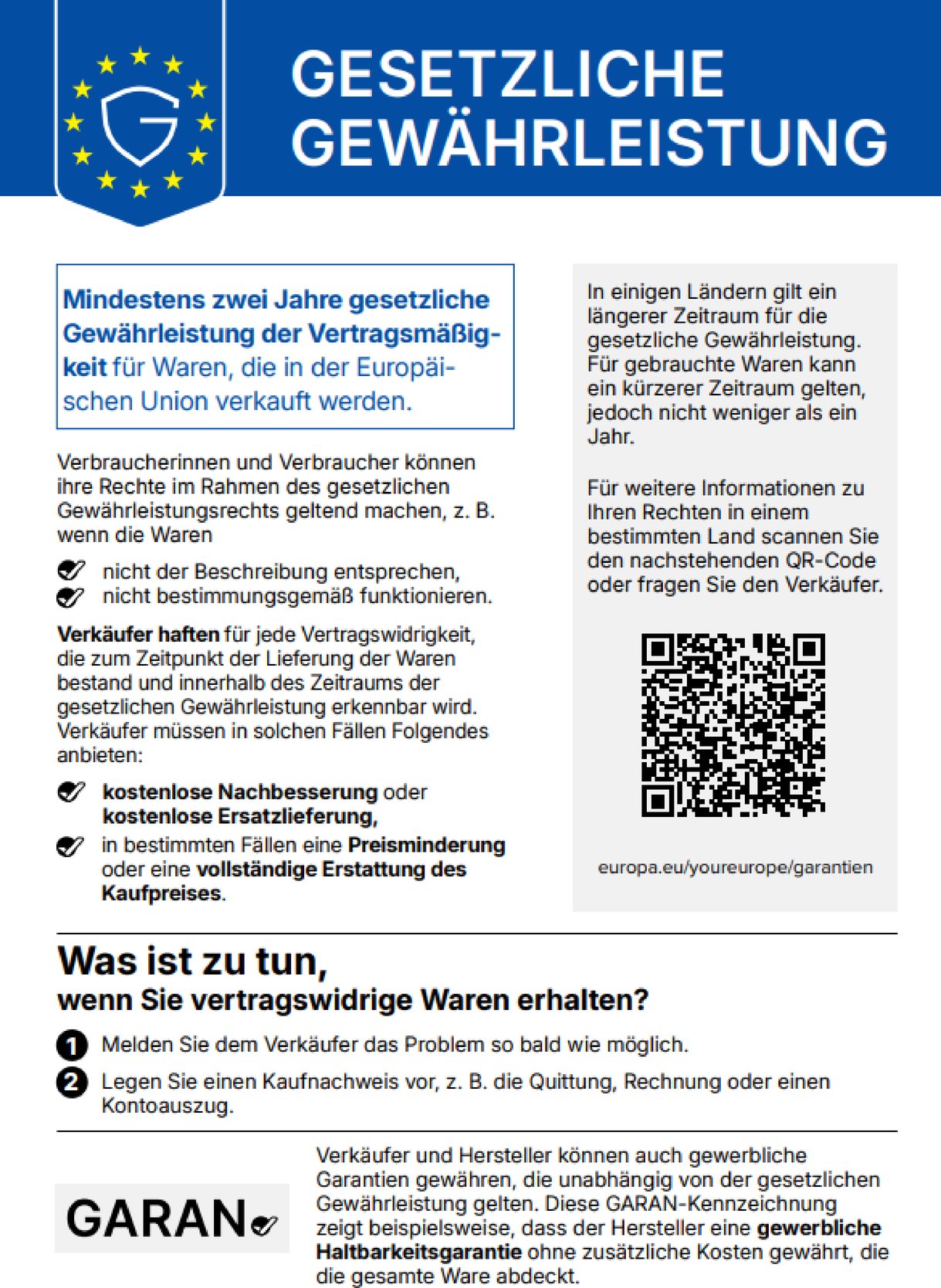 Harmonisierte EU-Mitteilung: Gesetzliche Gewährleistung – mindestens zwei Jahre gesetzliche Gewährleistung der Vertragsmäßigkeit für Waren, die in der Europäischen Union verkauft werden