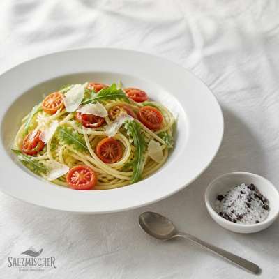 Spaghetti mit Kirschtomaten, Rucola und der Oliven-Salzmühle