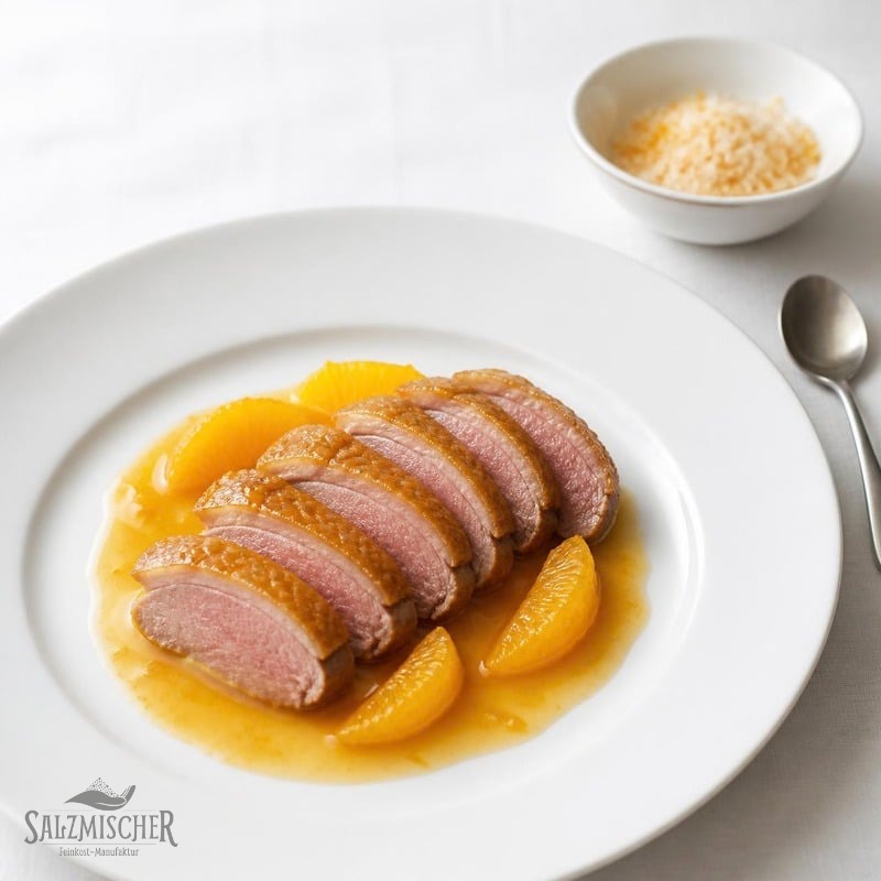 Entenbrust mit Orangensalz und Orangenjus