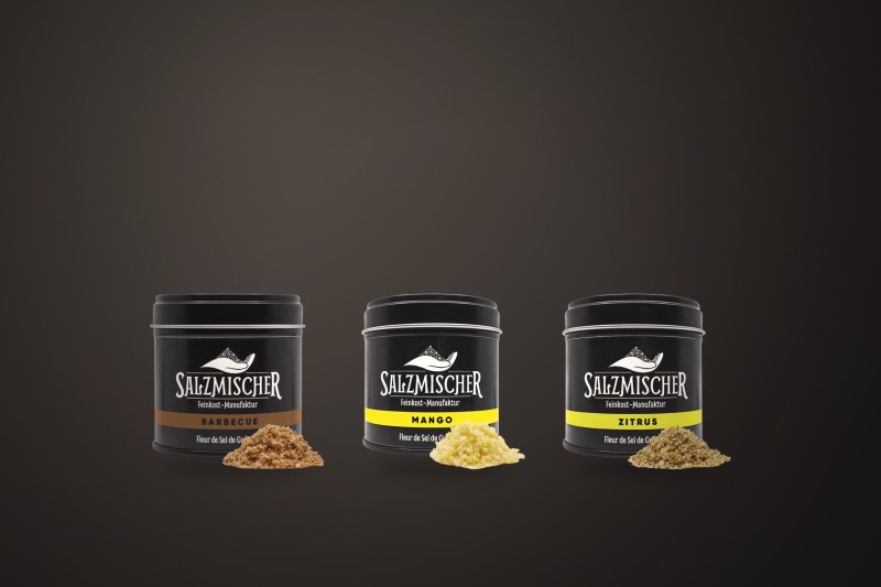 Drei Salzmischer-Aromadosen mit Fleur de Sel: Barbecue, Mango und Zitrus