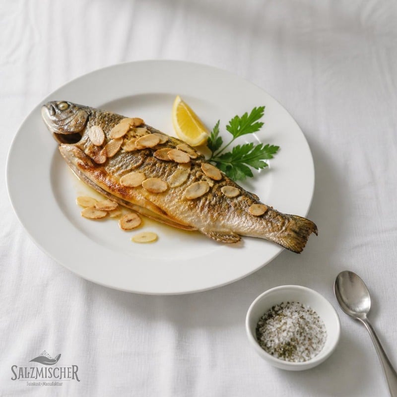 Gebratene Forelle mit Wildkräutersalz und Mandelbutter