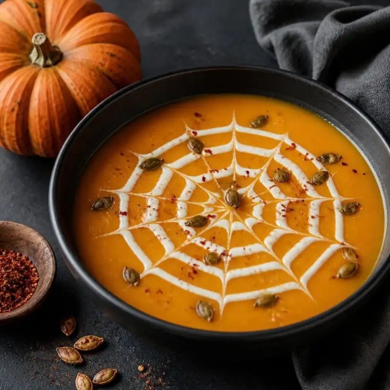 Gruselige Kürbissuppe zu Halloween mit Spinnennetz aus Schmand und Chili-Kürbiskernen