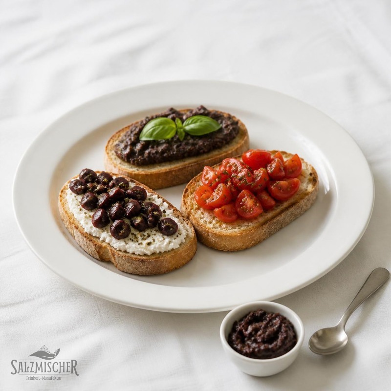 Bruschetta-Trio mit Olivenpaste und Tomaten
