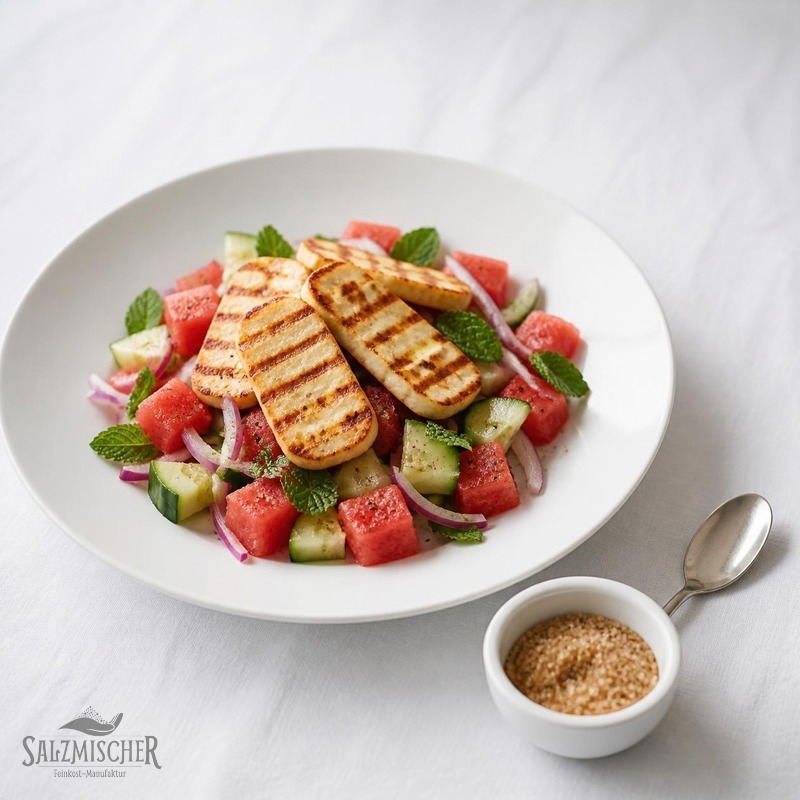 Gegrillter Halloumi mit Rauchsalz und Wassermelone