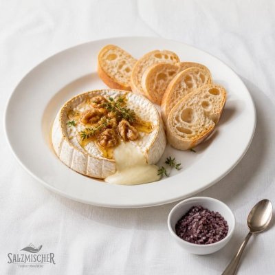 Ofen-Camembert mit Rotweinsalz, Honig und Walnüssen