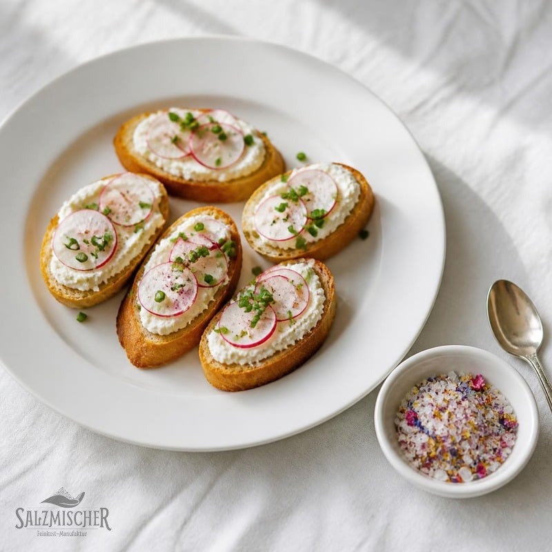 Crostini mit Ziegenfrischkäse und Blütensalz