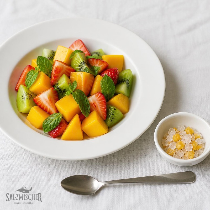 Mango-Obstsalat mit Minze und Mangosalz