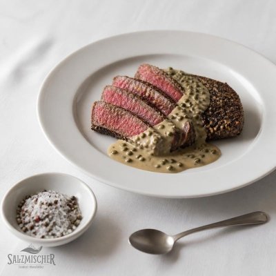 Pfeffersteak mit Pfeffersoße und Pfeffersalz-Finish