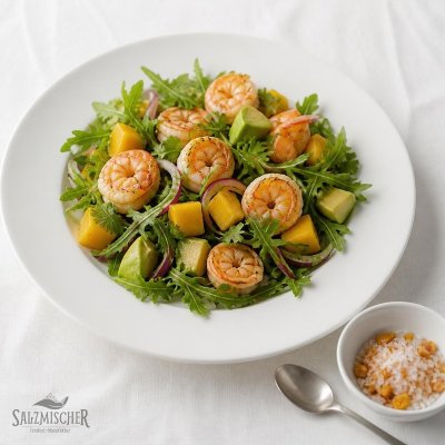 Mango-Avocado-Salat mit Garnelen und Mangosalz