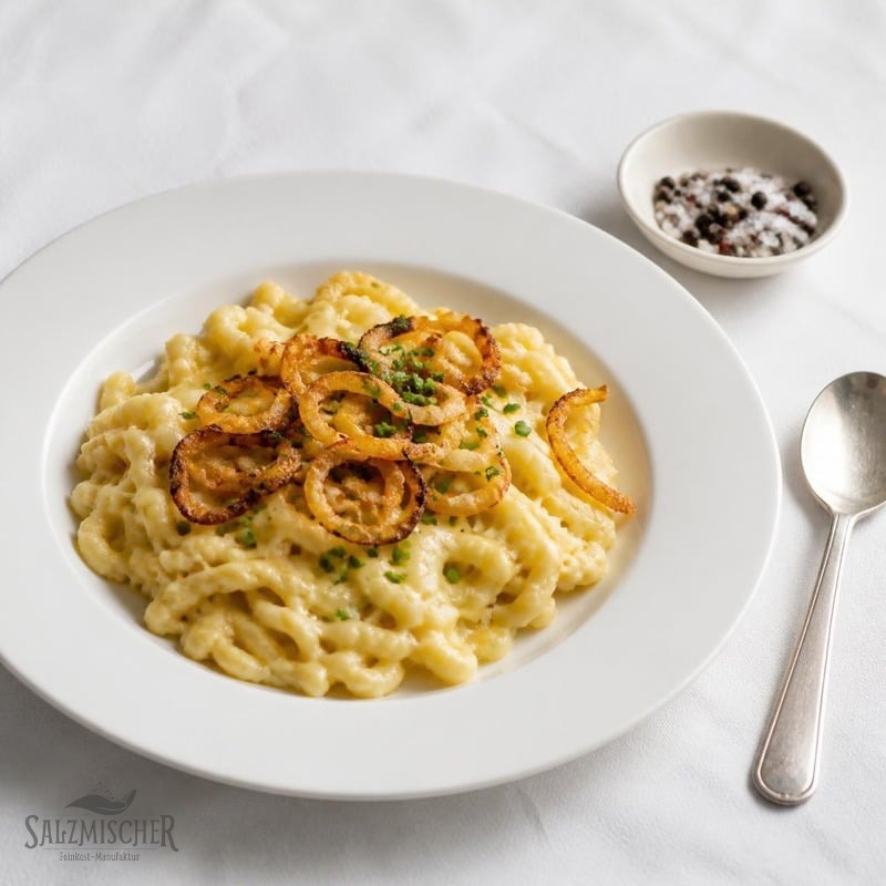 Käsespätzle mit Röstzwiebeln und der Pfeffer-Salzmühle