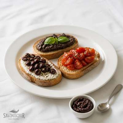 Bruschetta-Trio mit Olivenpaste und Tomaten